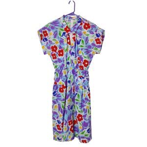 Vintage 70s Sally Lou Colorful Floral A-line Tie Neck Dress Medium Retro Mod 60s